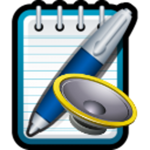 Icono de MessageTTS que representa un bolígrafo y un altavoz sobre un bloc de notas.